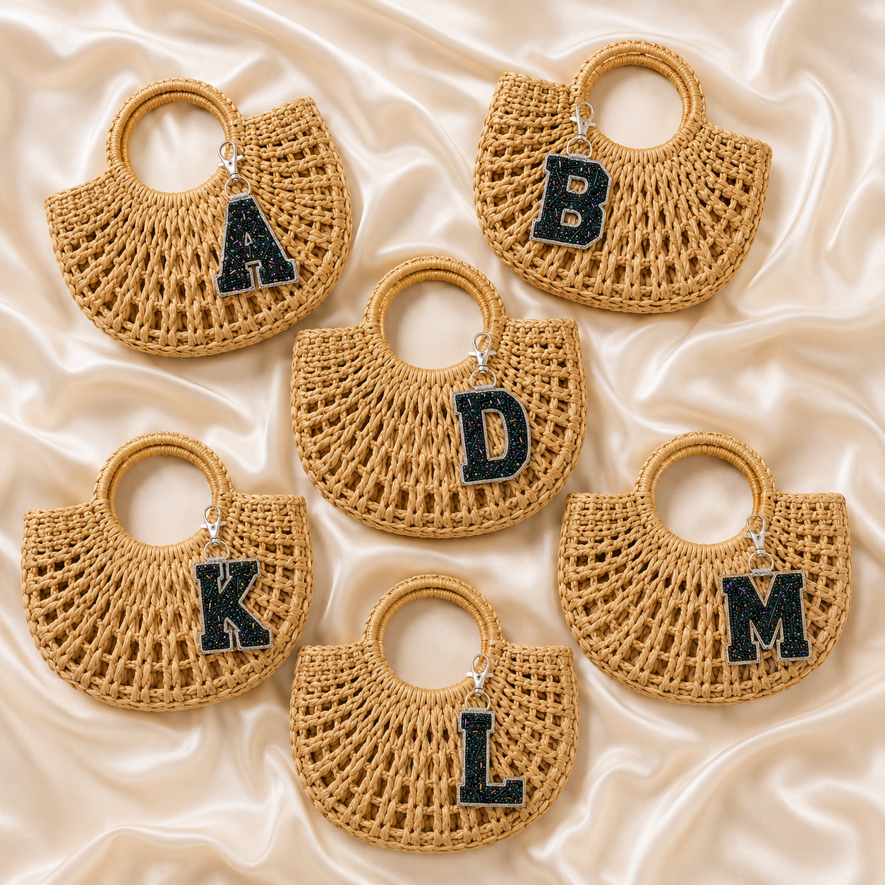 Custom Black Pearl Alphabet Bag Charms – Set of 12 / 24