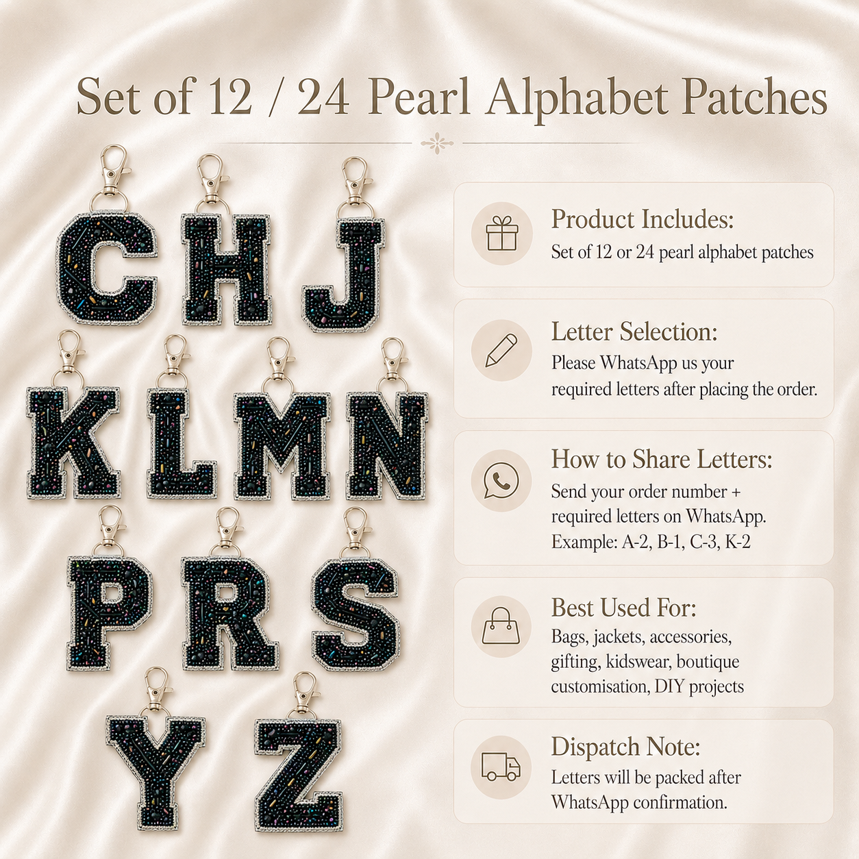 Custom Black Pearl Alphabet Bag Charms – Set of 12 / 24