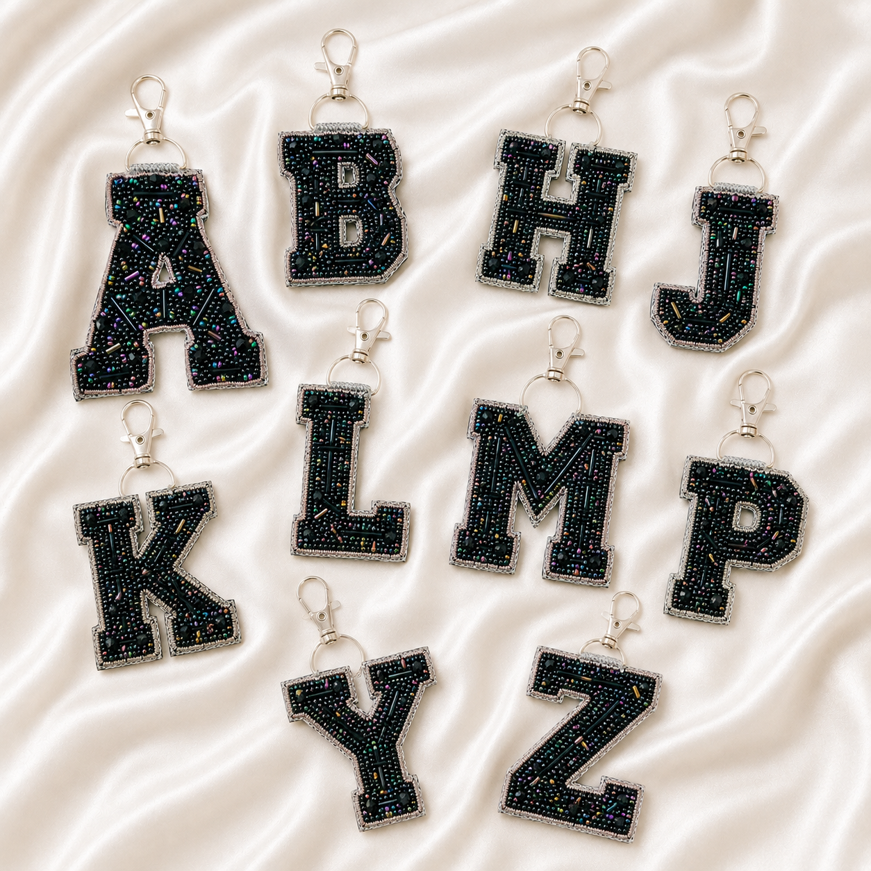 Custom Black Pearl Alphabet Bag Charms – Set of 12 / 24