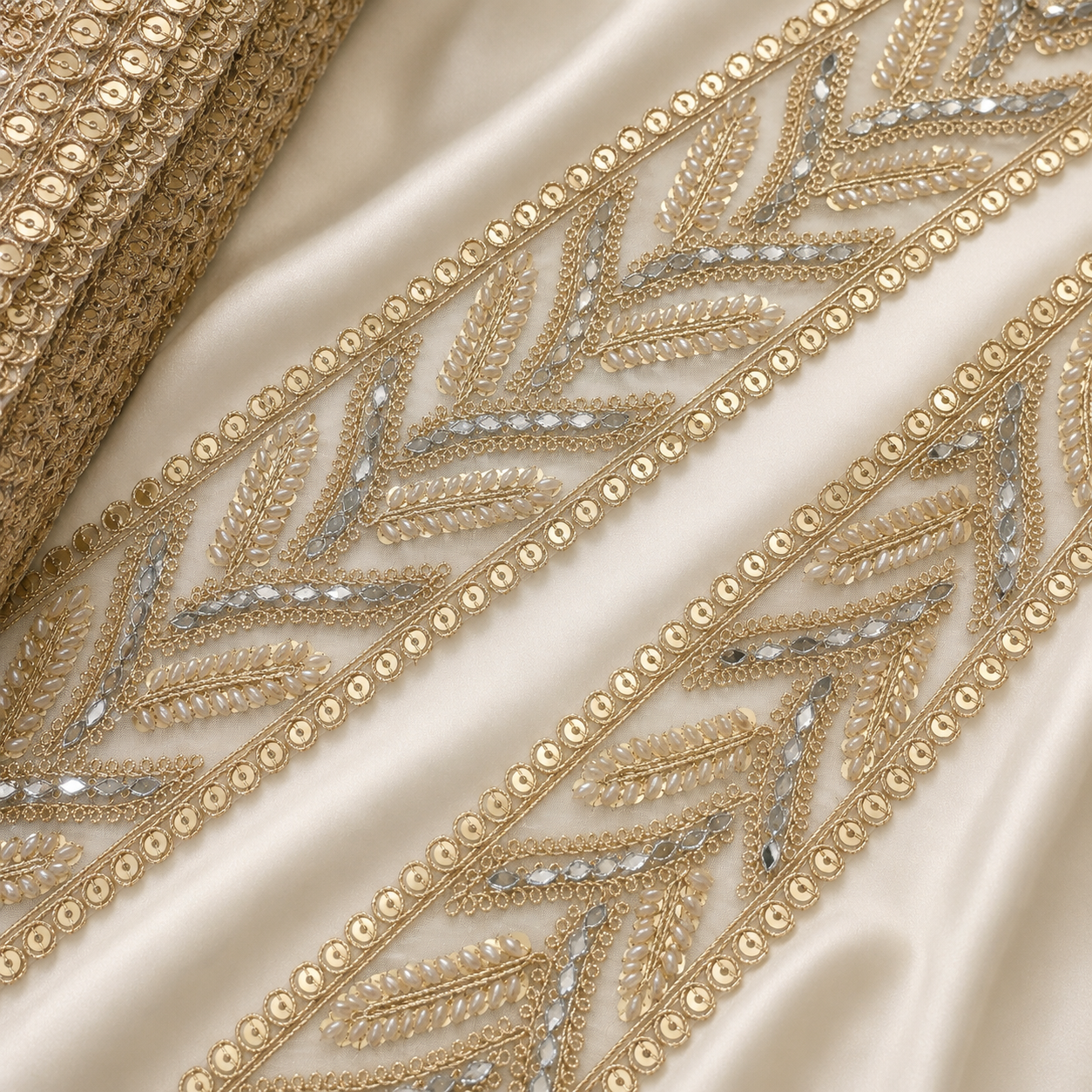 Pearl & Sequin Embroidered Lace Border for Ethnic and Designer Wear