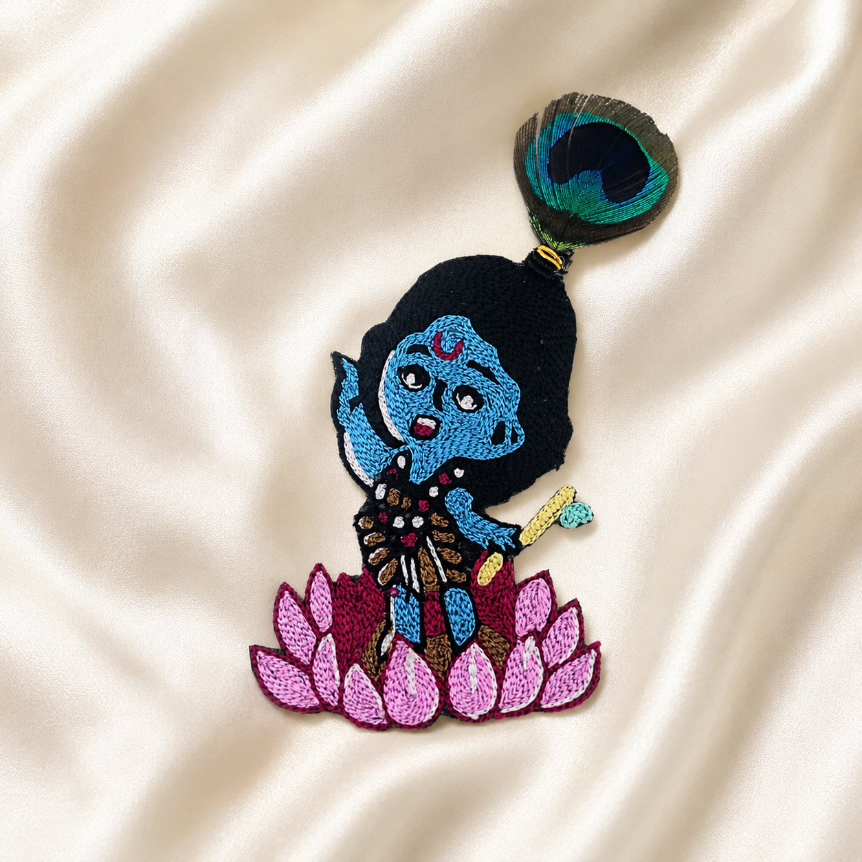 Krishna Embroidered Patch with Peacock Feather & Lotus Detailing