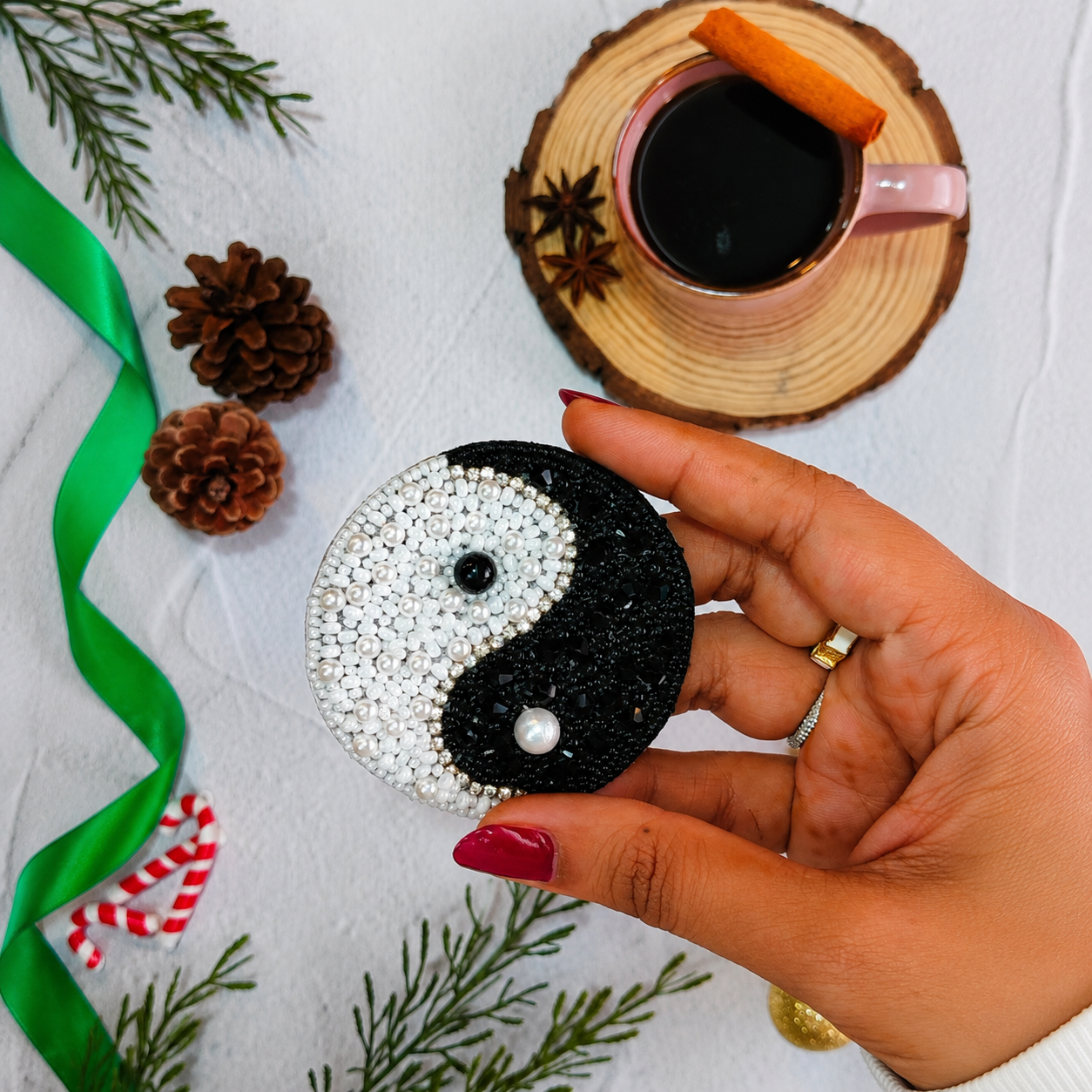 Black and White Yin Yang Beaded Appliqué Patch
