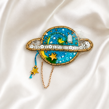 Blue Globe Beaded Appliqué Patch with Star Charm