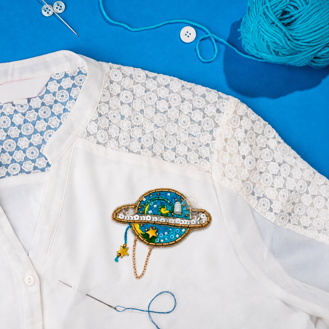 Blue Globe Beaded Appliqué Patch with Star Charm