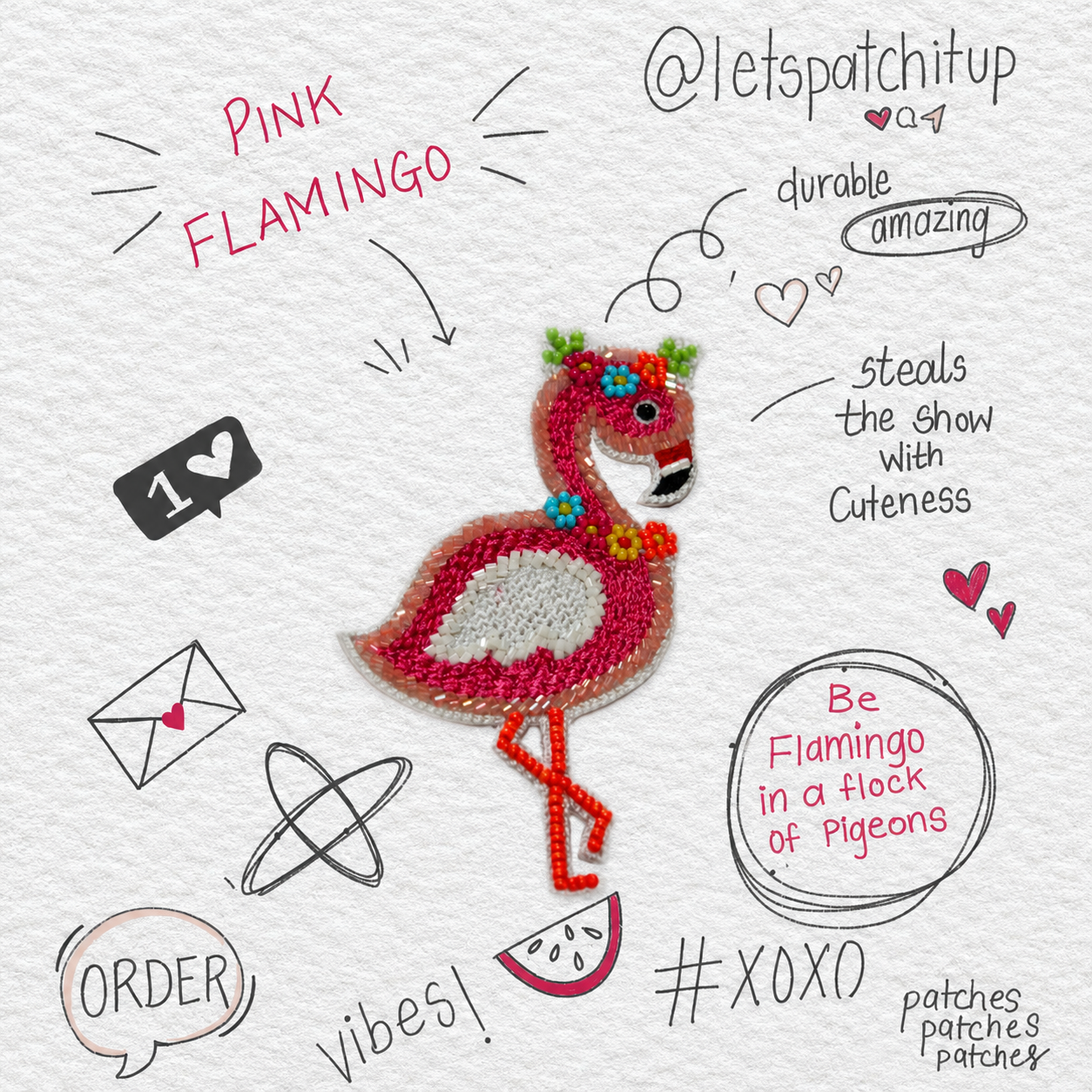Charming Flamingo Handcrafted Beaded Appliqué Patch