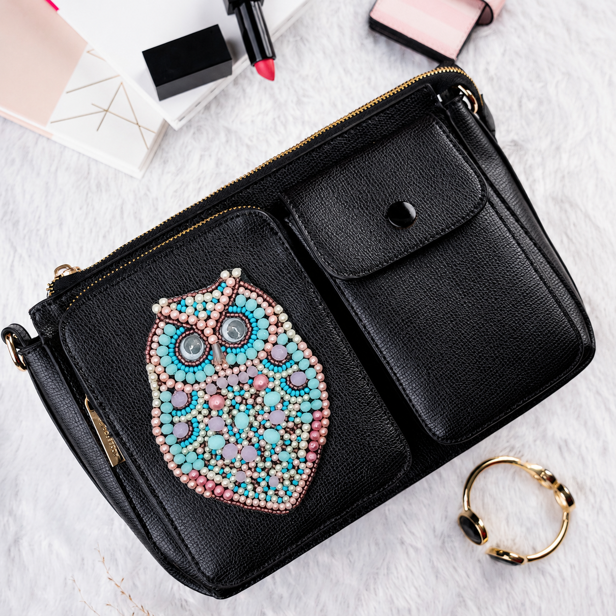Pastel Blue & Pink Owl Beaded Patch