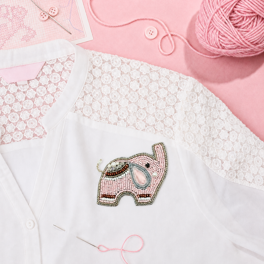 Pink Elephant Beaded Appliqué Patch