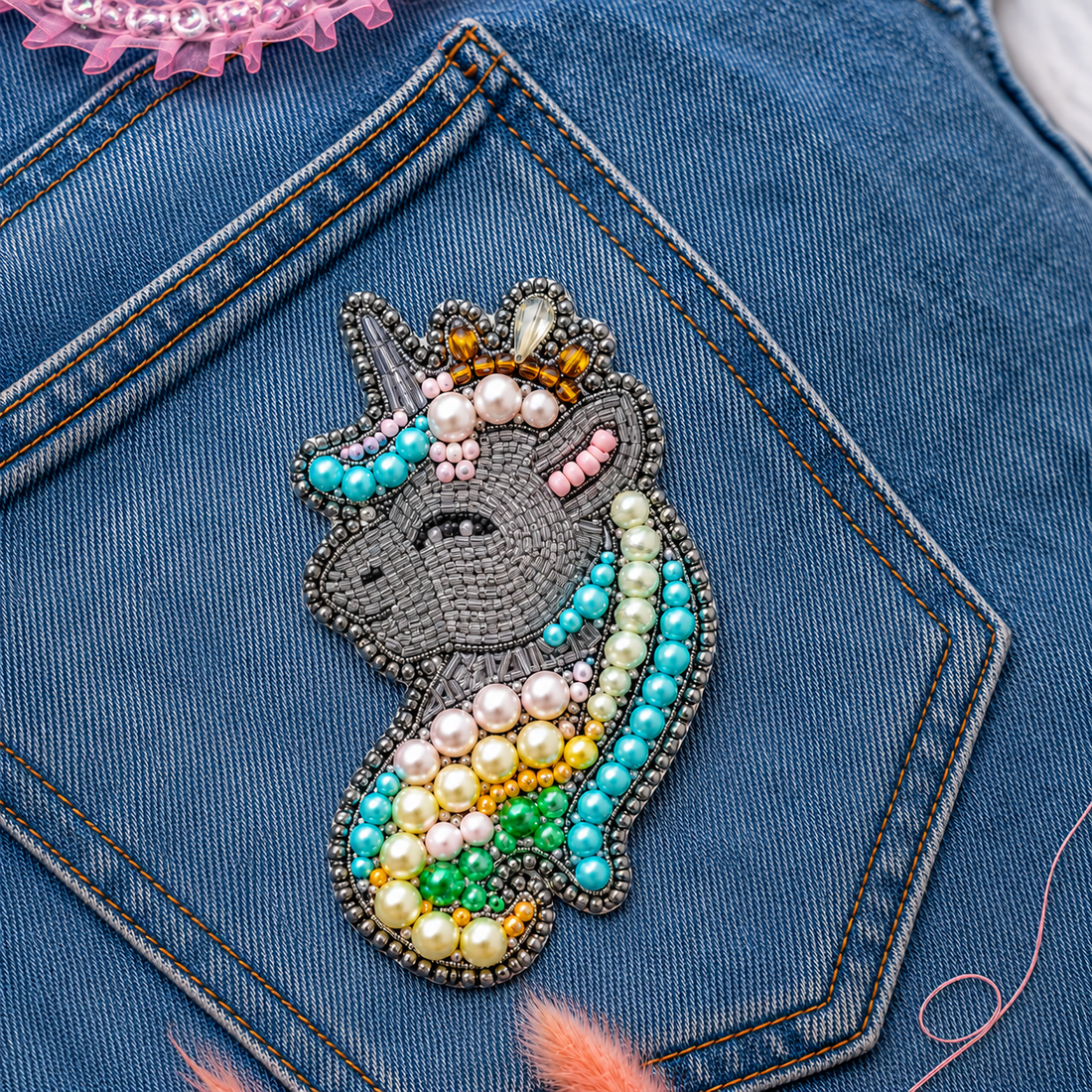 Rainbow Unicorn Pearl Beaded Patch