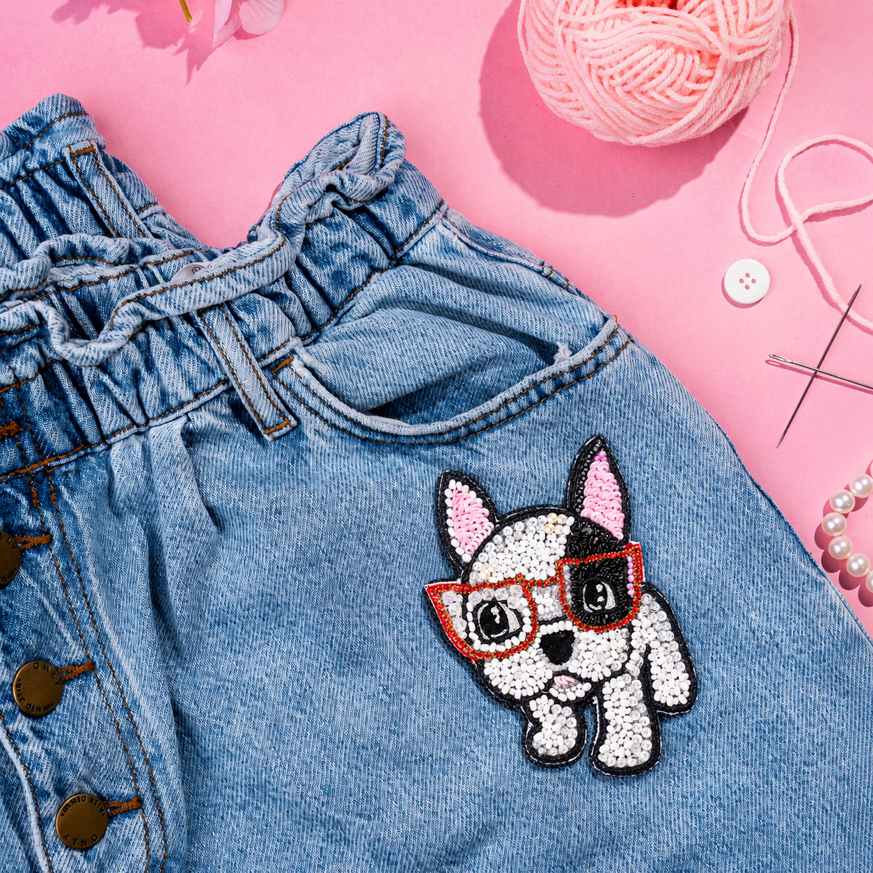 Playful Puppy Sunglasses Handcrafted Beaded Appliqué Patch