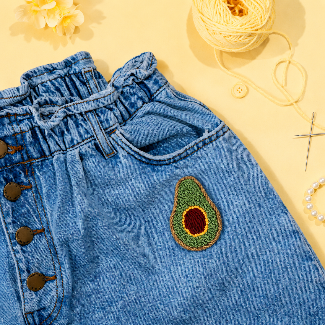 Avocado Embroidered Patch with Textured Threadwork