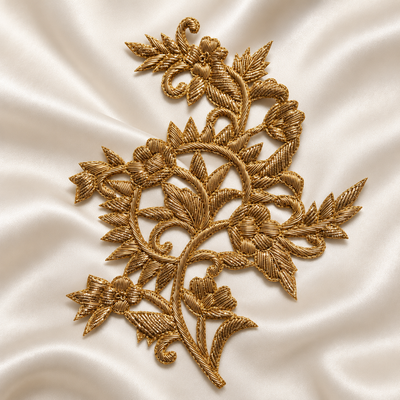 Intricate Floral Vine Zardozi Embroidered Patch with Raised Metallic Threadwork hover image