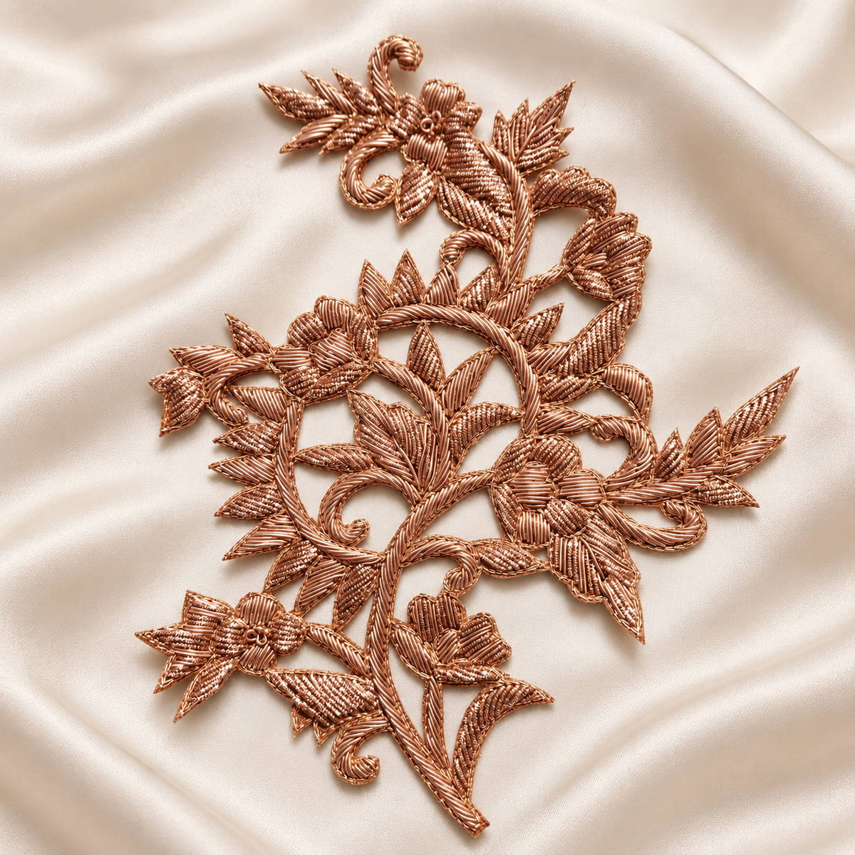 Intricate Floral Vine Zardozi Embroidered Patch with Raised Metallic Threadwork