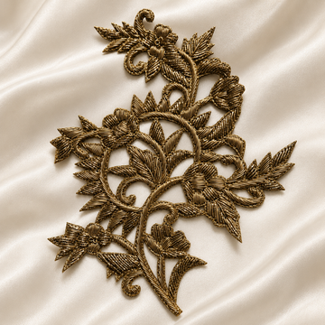 Intricate Floral Vine Zardozi Embroidered Patch with Raised Metallic Threadwork