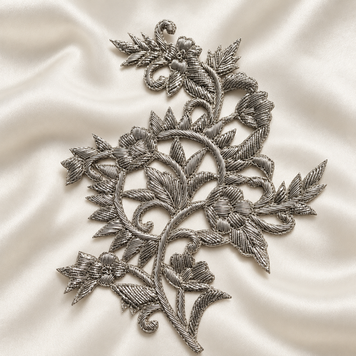 Intricate Floral Vine Zardozi Embroidered Patch with Raised Metallic Threadwork