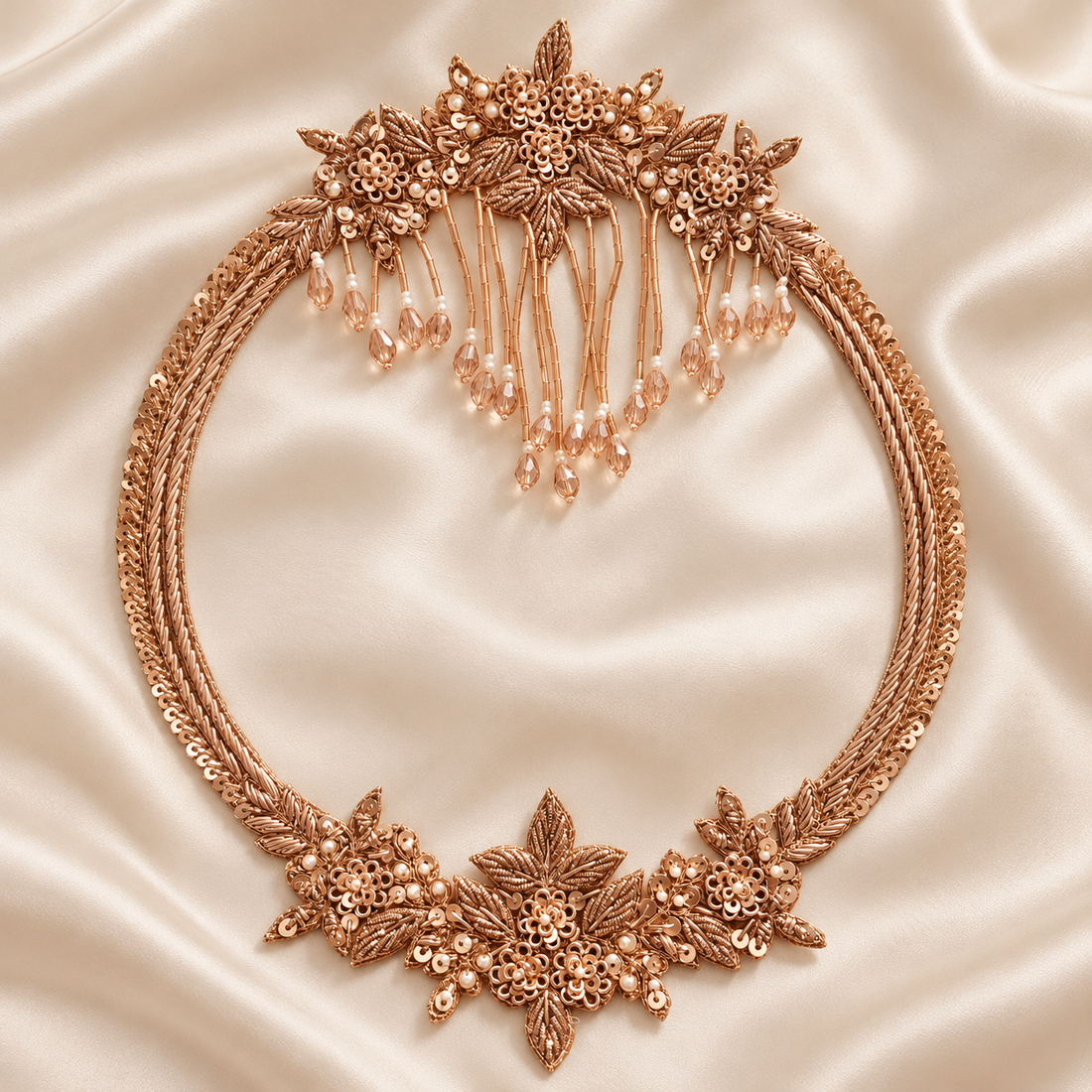 Ornate Floral Zardozi Embroidered Oval Patch with Beaded Tassels, Pearl & Sequin Detailing