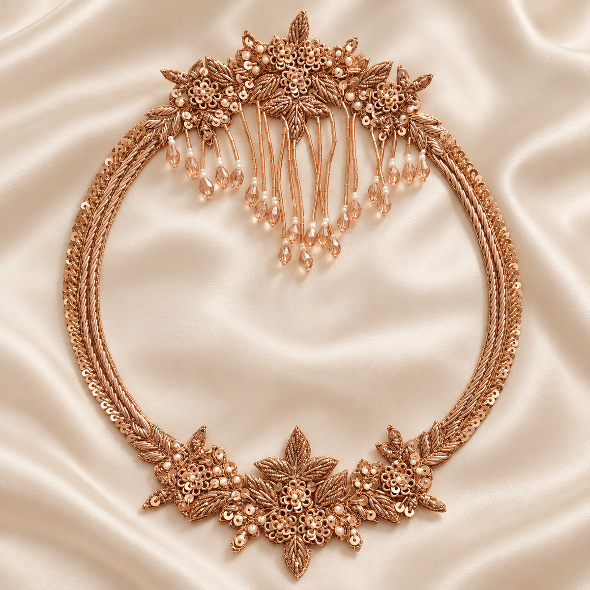 Ornate Floral Zardozi Embroidered Oval Patch with Beaded Tassels, Pearl & Sequin Detailing