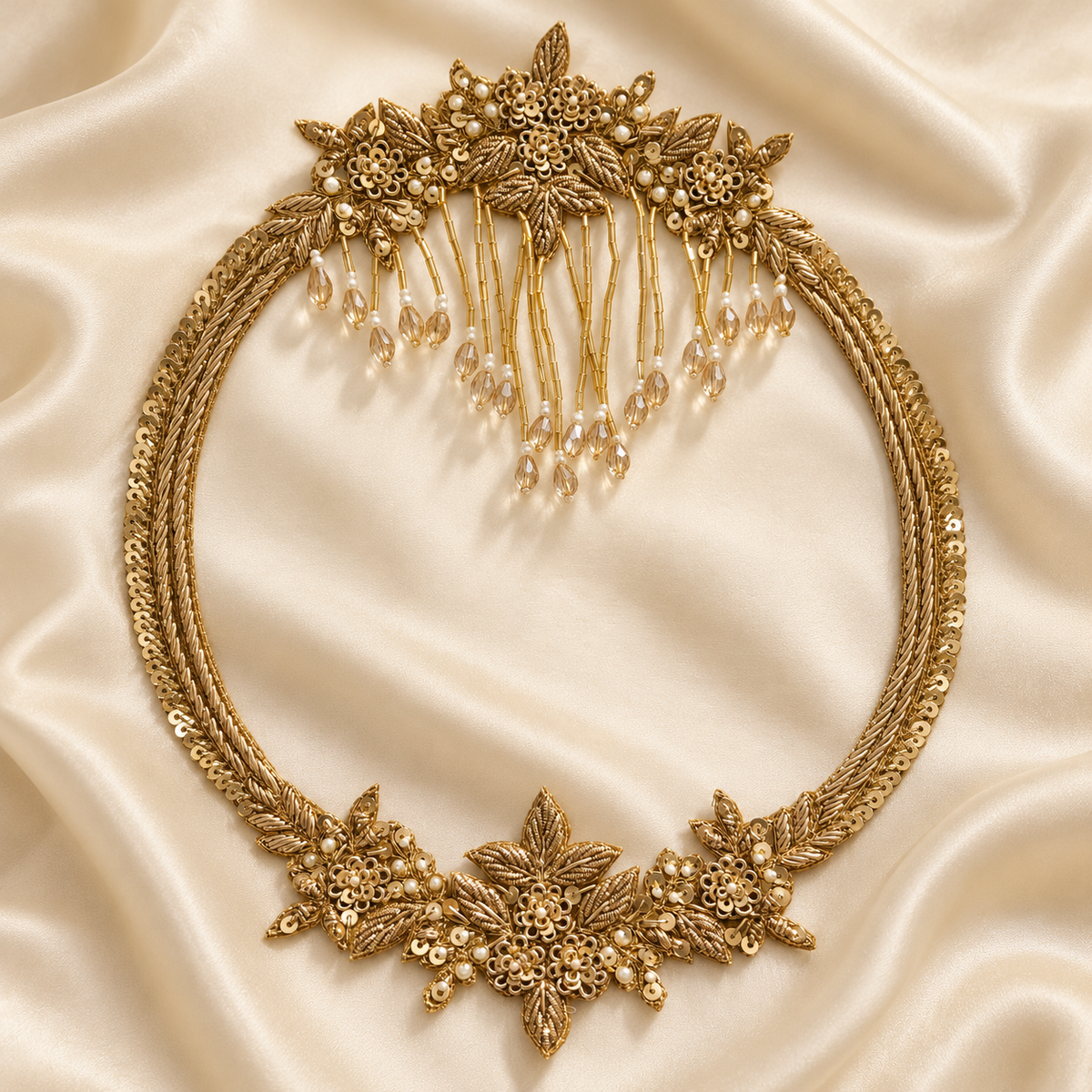 Ornate Floral Zardozi Embroidered Oval Patch with Beaded Tassels, Pearl & Sequin Detailing