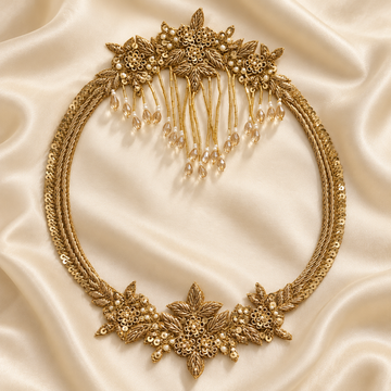 Ornate Floral Zardozi Embroidered Oval Patch with Beaded Tassels, Pearl & Sequin Detailing