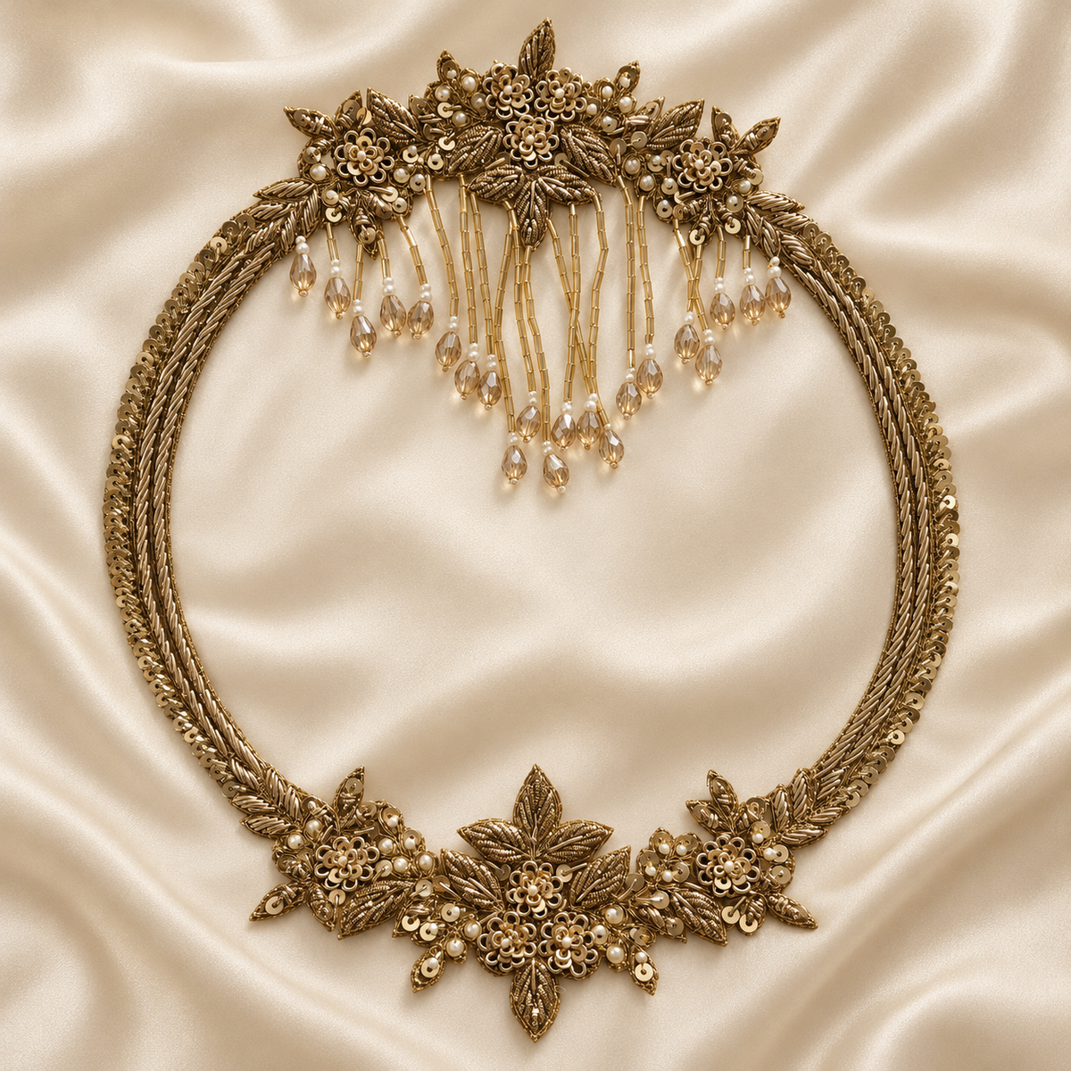 Ornate Floral Zardozi Embroidered Oval Patch with Beaded Tassels, Pearl & Sequin Detailing