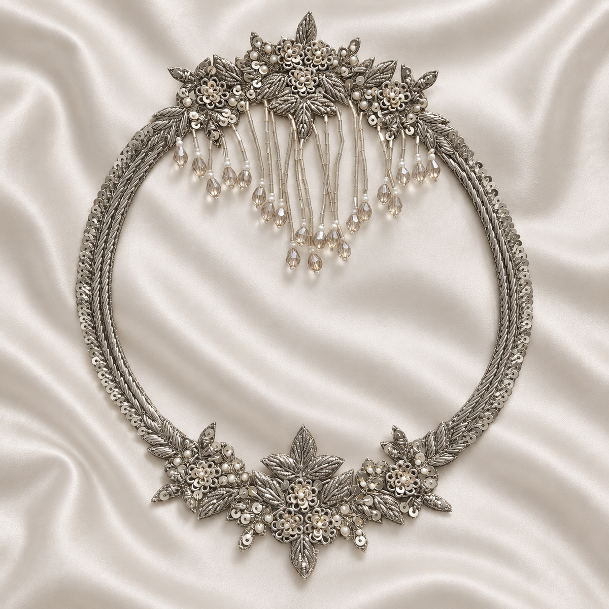 Ornate Floral Zardozi Embroidered Oval Patch with Beaded Tassels, Pearl & Sequin Detailing