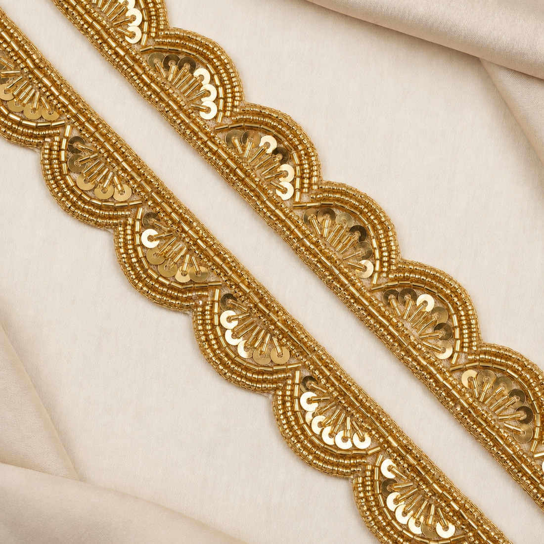 Elegant Scalloped Zardozi Embroidered Lace Border with Sequin & Bead Detailing