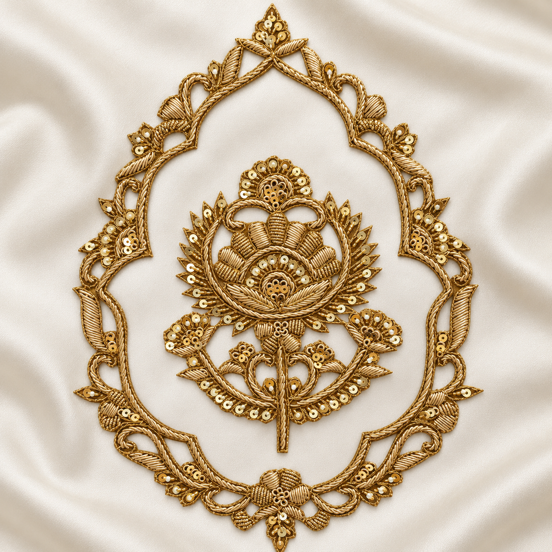 Ornate Floral Zardozi Embroidered Patch with Traditional Lotus Motif & Sequin Detailing