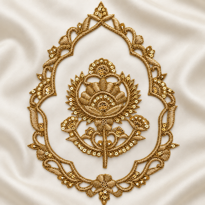 Ornate Floral Zardozi Embroidered Patch with Traditional Lotus Motif & Sequin Detailing hover image