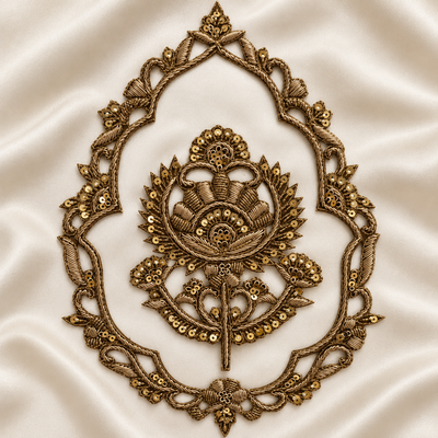 Ornate Floral Zardozi Embroidered Patch with Traditional Lotus Motif & Sequin Detailing