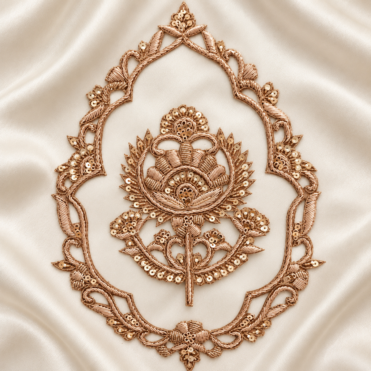 Ornate Floral Zardozi Embroidered Patch with Traditional Lotus Motif & Sequin Detailing