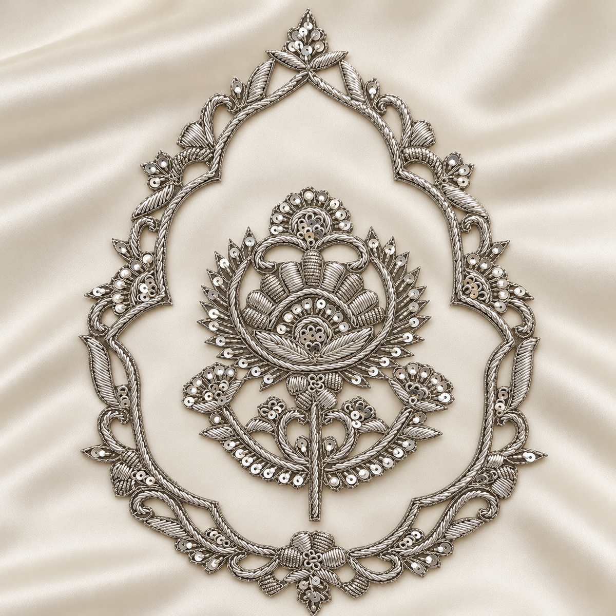 Ornate Floral Zardozi Embroidered Patch with Traditional Lotus Motif & Sequin Detailing
