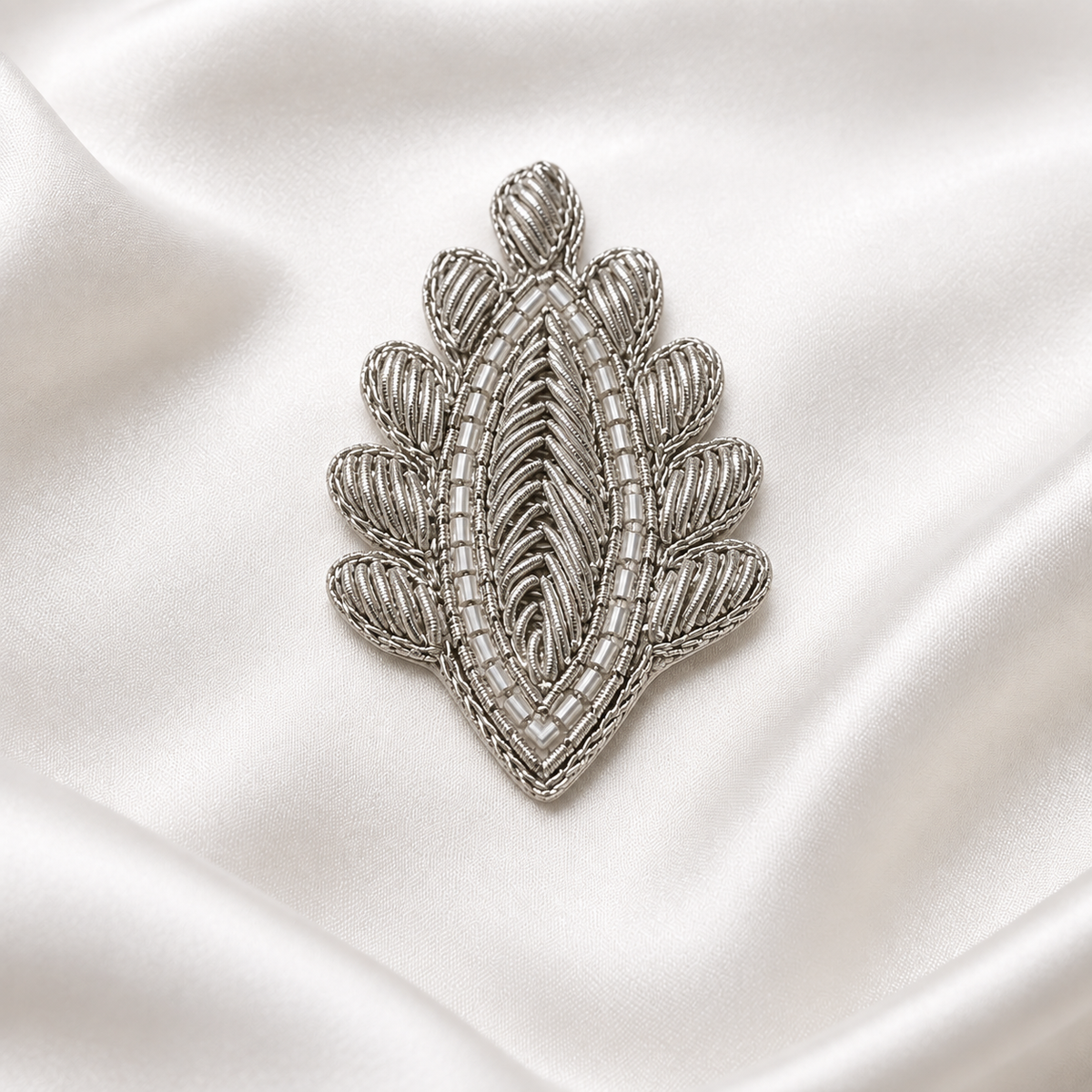 Leaf Motif Metallic Handwork Appliqué Patch with Beaded Detailing