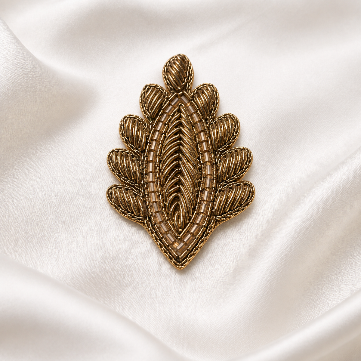 Leaf Motif Metallic Handwork Appliqué Patch with Beaded Detailing