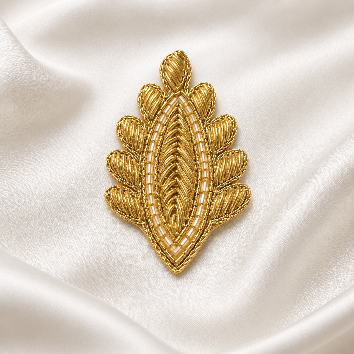 Leaf Motif Metallic Handwork Appliqué Patch with Beaded Detailing