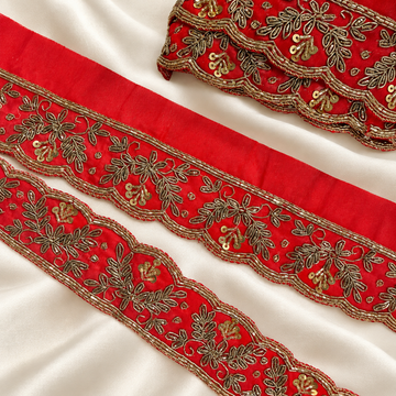 Red Floral Vine Lace Border with Sequin & Zari Detailing for Designer Wear