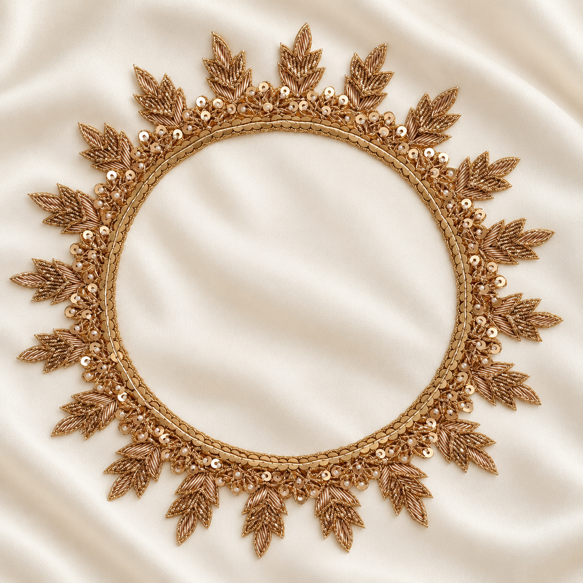 Leaf Motif Sequin and Pearl Bead Embroidered Neckline Patch