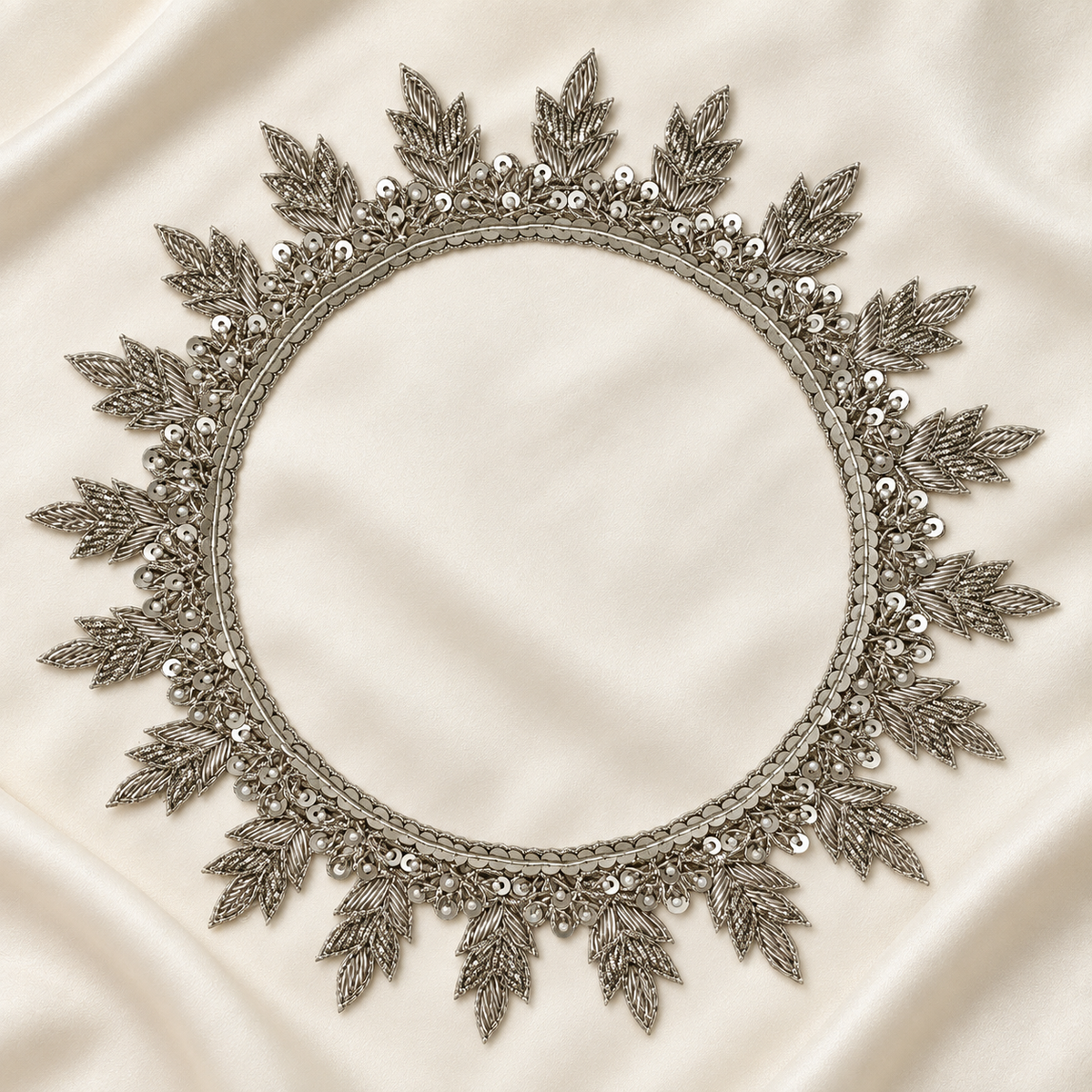 Leaf Motif Sequin and Pearl Bead Embroidered Neckline Patch