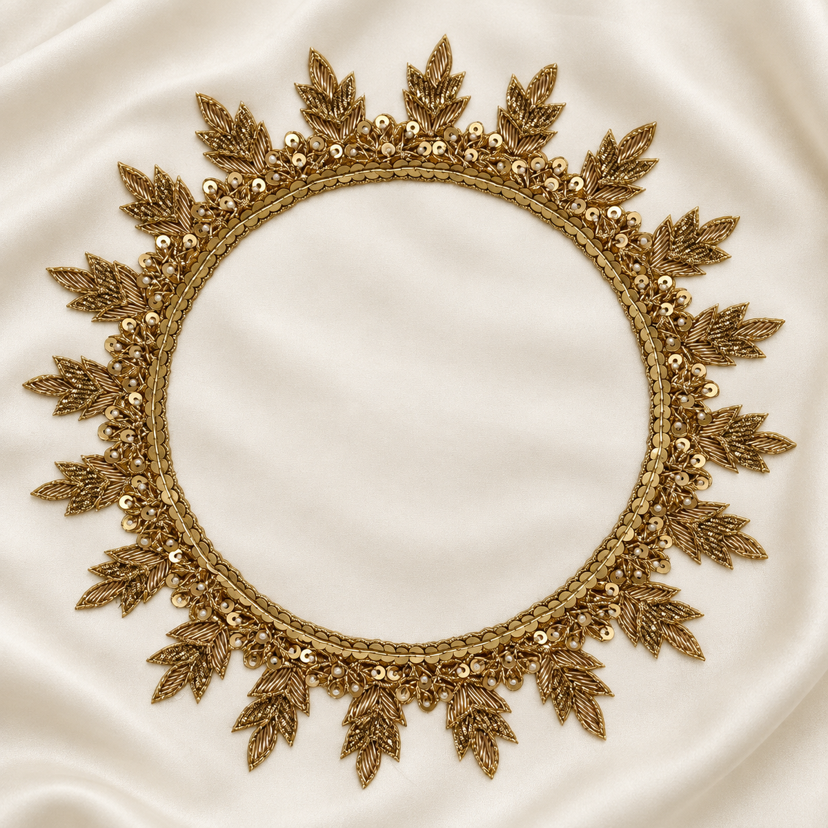 Leaf Motif Sequin and Pearl Bead Embroidered Neckline Patch