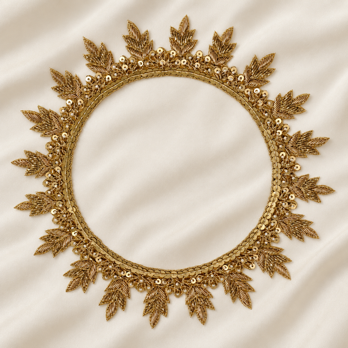 Leaf Motif Sequin and Pearl Bead Embroidered Neckline Patch