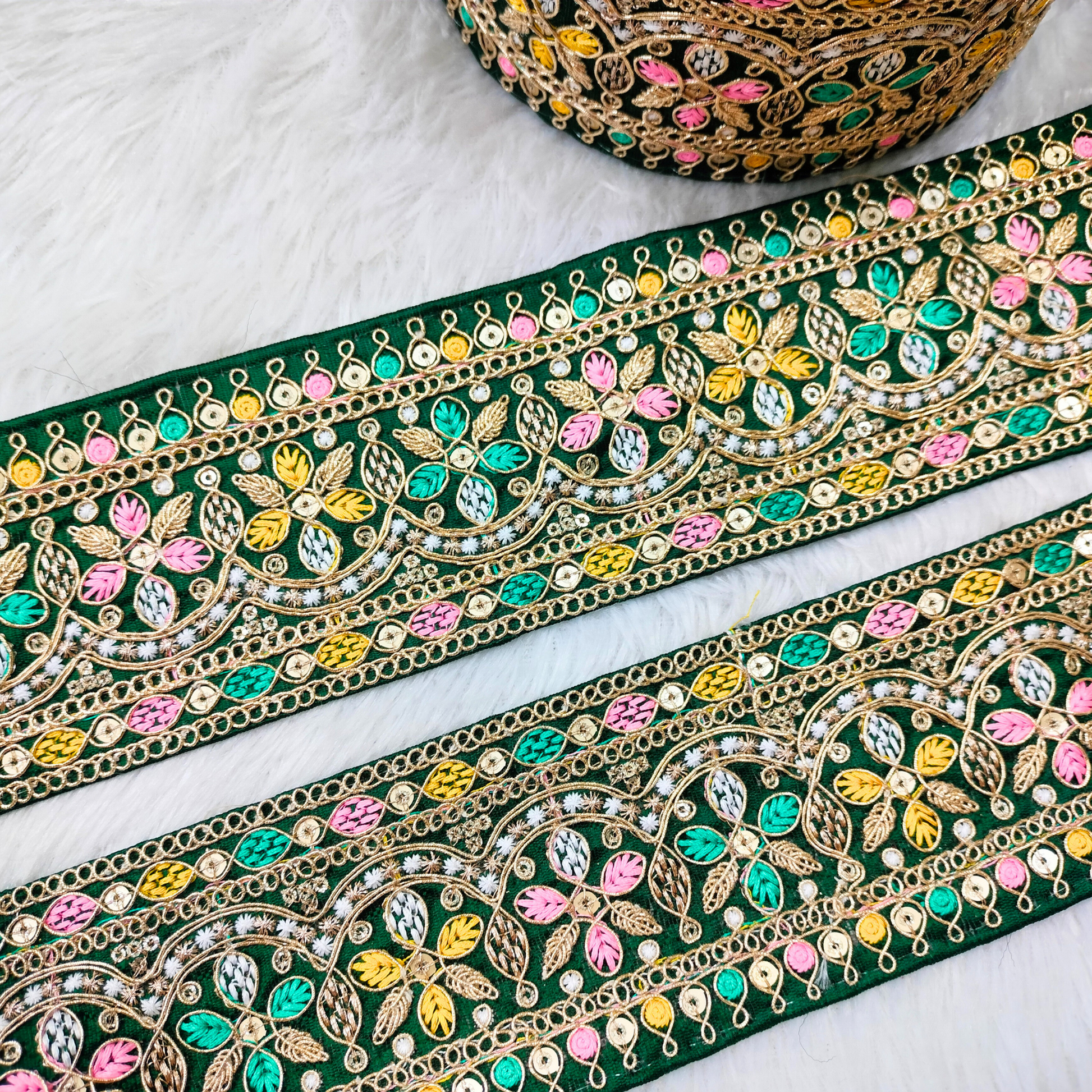 Dark Green Multicolor Embroidery Laces & Trim