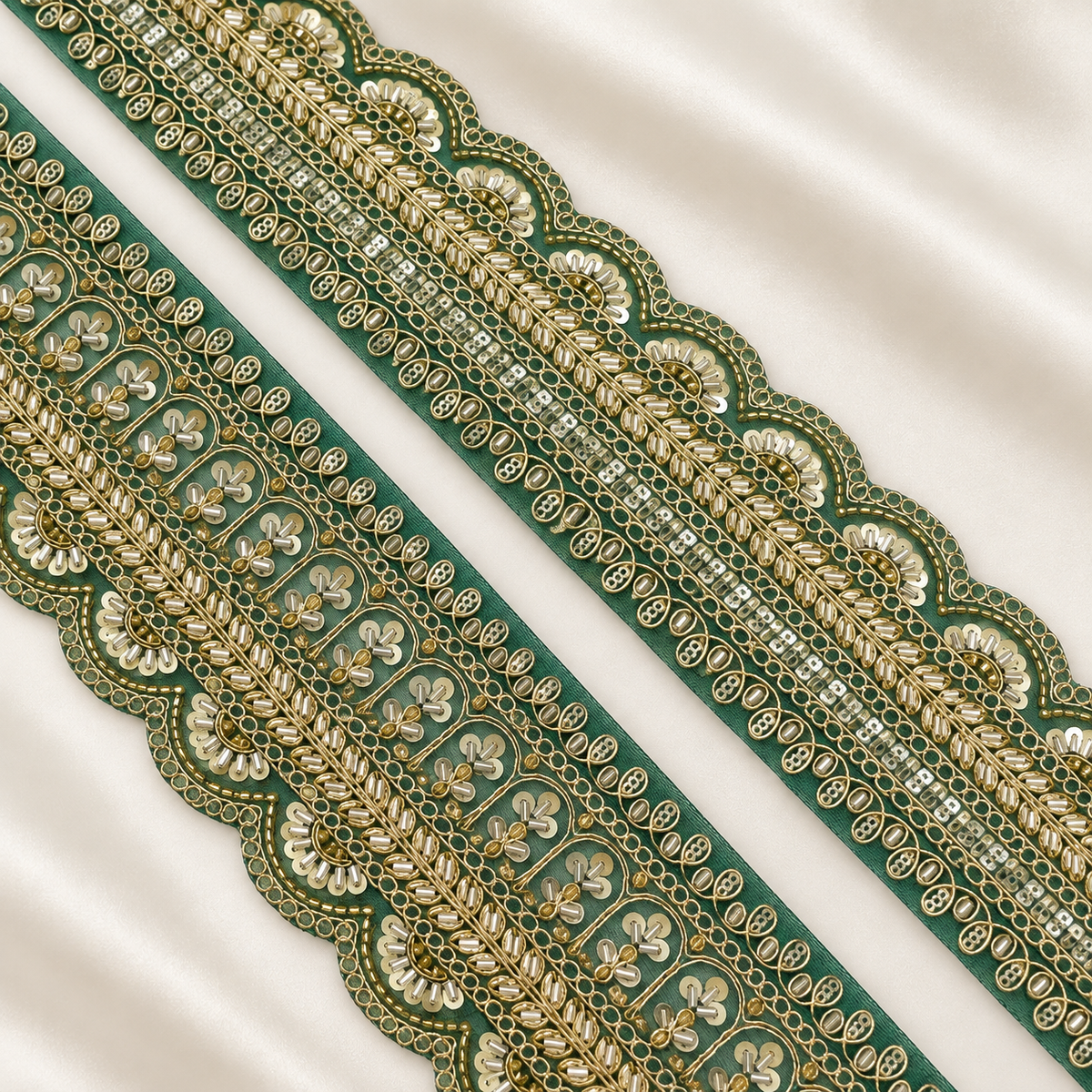 Scalloped Floral Bugle Bead and Sequin Embroidered Wide Lace Border