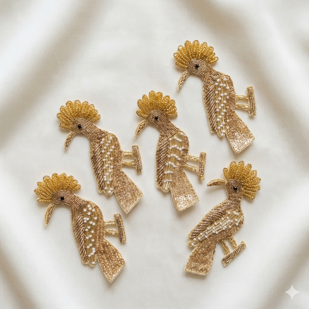 Handcrafted Beaded Bird Motif Patch with Intricate Embroidery