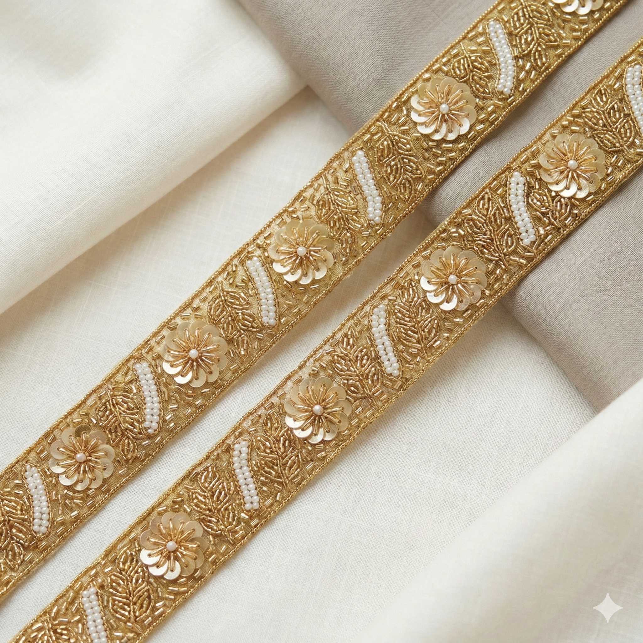 Golden Sequin Floral Embellished Handwork Lace