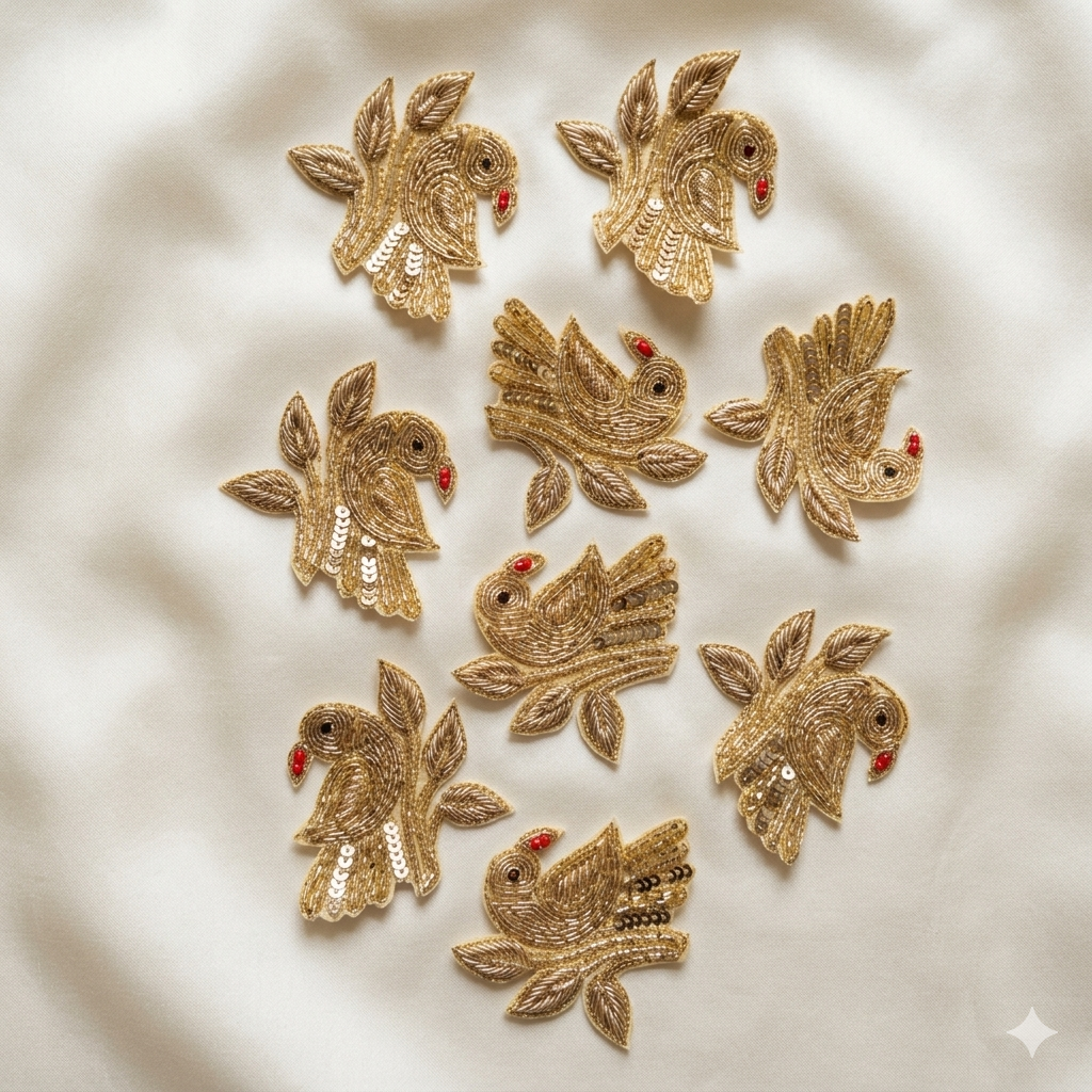 Handcrafted Beaded Bird Motif Patch Set with Sequin Embroidery