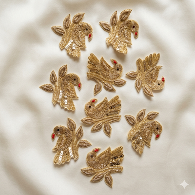 Handcrafted Beaded Bird Motif Patch Set with Sequin Embroidery