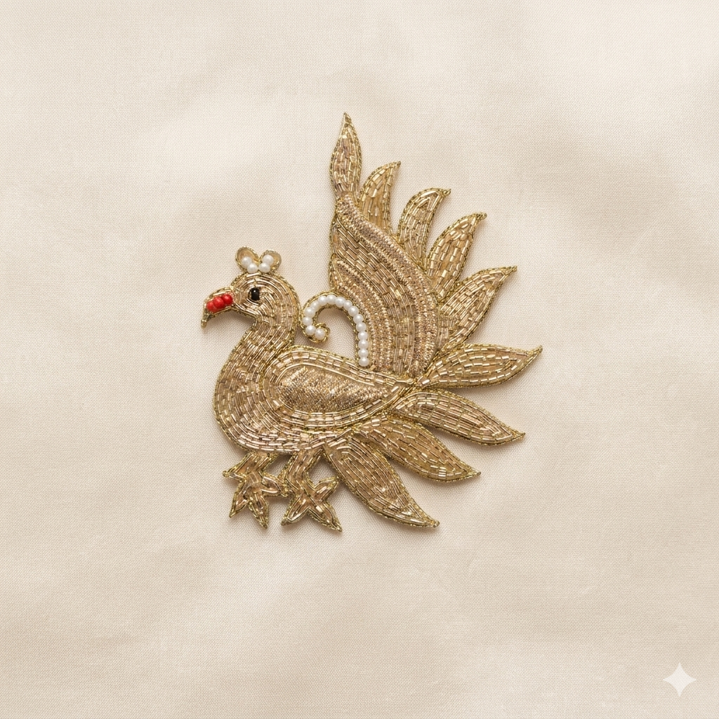 Handcrafted Beaded Peacock Motif Patch with Intricate Embroidery