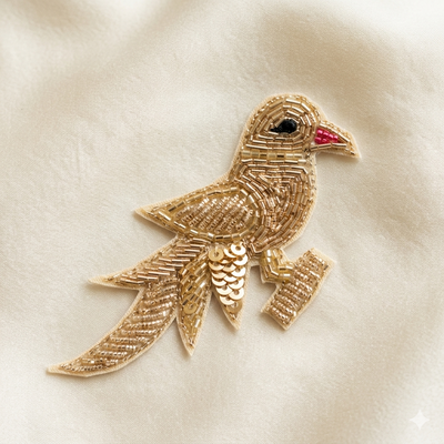 Handcrafted Beaded Bird Motif Patch with Sequin Embroidery