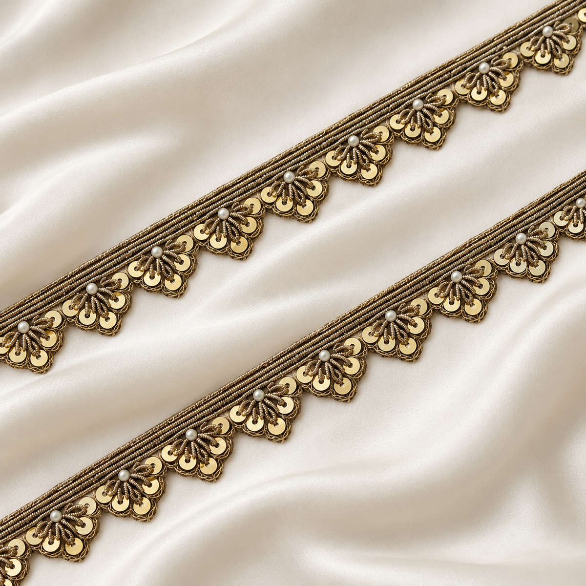 Floral Scalloped Zardozi Trim with Sequin & Pearl Detailing