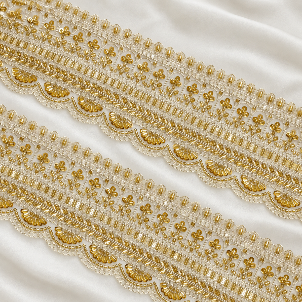Scalloped Floral Bugle Bead and Sequin Embroidered Wide Lace Border