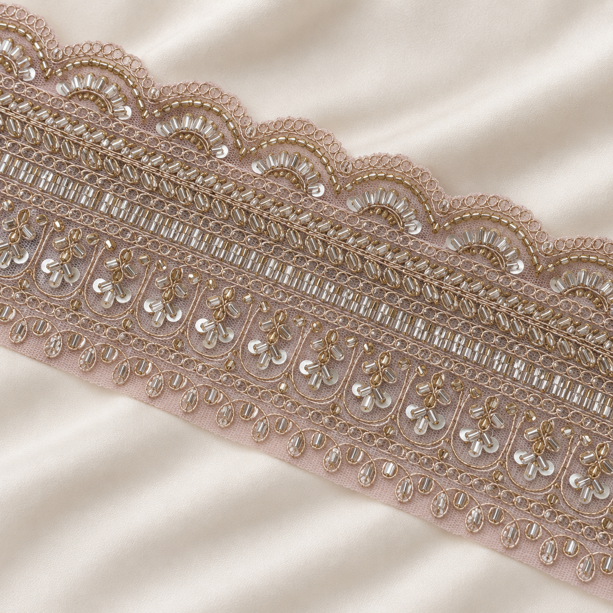 Scalloped Floral Bugle Bead and Sequin Embroidered Wide Lace Border