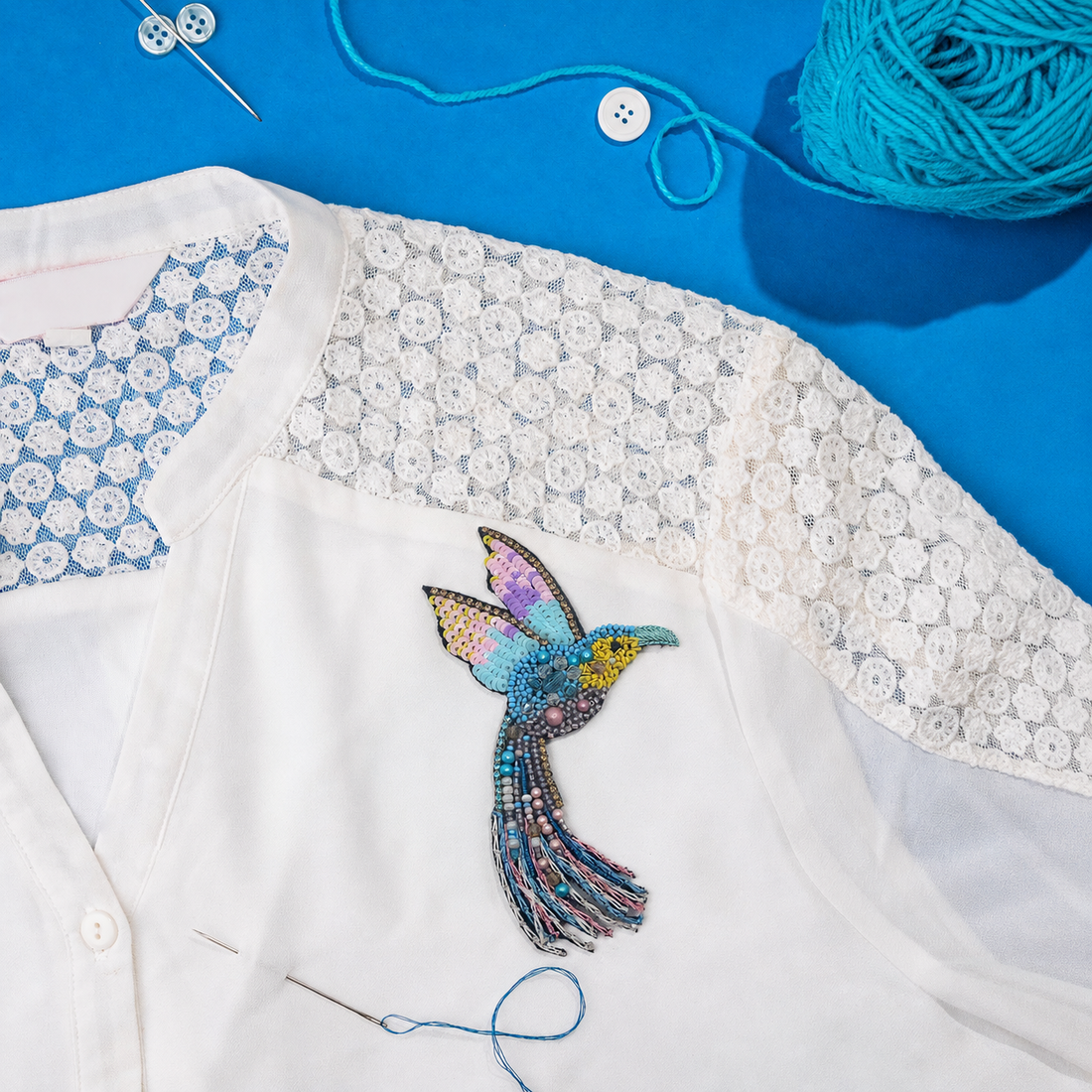 Multicolor Hummingbird Beaded Appliqué Patch